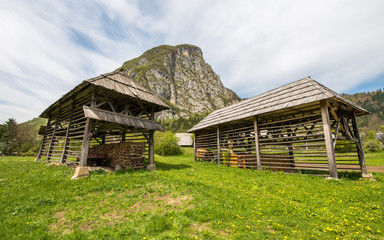Traditional wooden double hayrack in Bohinj, Slovenia during spring time