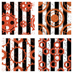 Set of vector seamless patterns with mechanism of watch, metal parts, screw nuts. Creative geometric grunge backgrounds with gear wheel. Texture with cracks, ambrosia, scratches, attrition