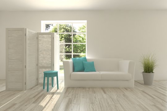 White room with sofa and green landscape in window. Scandinavian interior design. 3D illustration