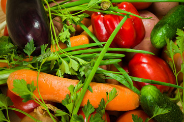 Colorful vegetables on wooden table background. Cooking preparation background. Tomato, pepper, cucumber and over vegetables on the kitchen desk.