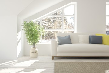 White room with sofa and winter landscape in window. Scandinavian interior design. 3D illustration