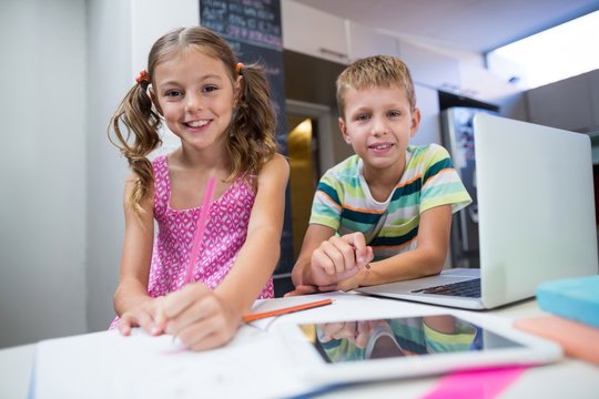 Portrait of siblings doing their homework in kitchen