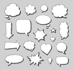 Hand drawn set of speech bubbles.  Vector illustration for stickers