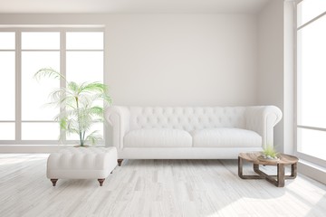 White modern room with sofa. Scandinavian interior design. 3D illustration