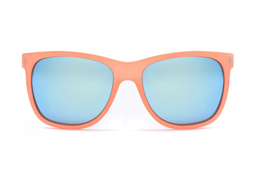 Sunglasses with wide orange frame and blue glass isolated on white