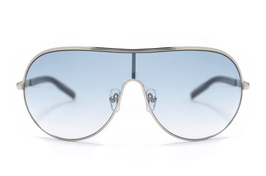 Men's sunglasses in metal frame with blue gluss isolated on white