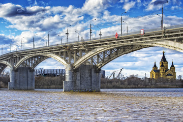 Kanavinskiy bridge . river Oka. Nijniy Novgorod. Alexander Nevsky Cathedral
