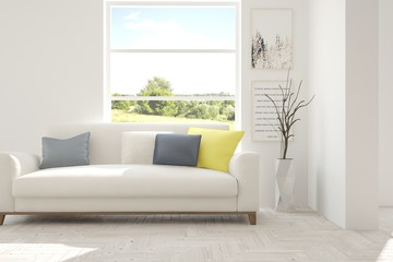 White room with sofa and green landscape in window. Scandinavian interior design. 3D illustration