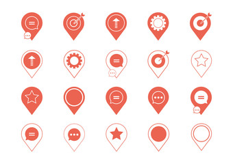 Set of vector graphic, icons, logos, design elements and web buttons. A collection of coral location pin marker frames with iconic business logos and icons.