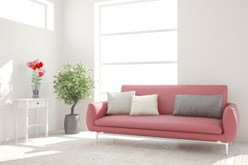 White modern room with sofa. Scandinavian interior design. 3D illustration