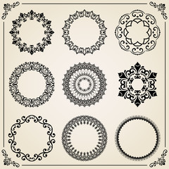 Vintage set of vector round elements. Different elements for decoration and design frames, cards, menus, backgrounds and monograms. Classic patterns. Set of vintage patterns
