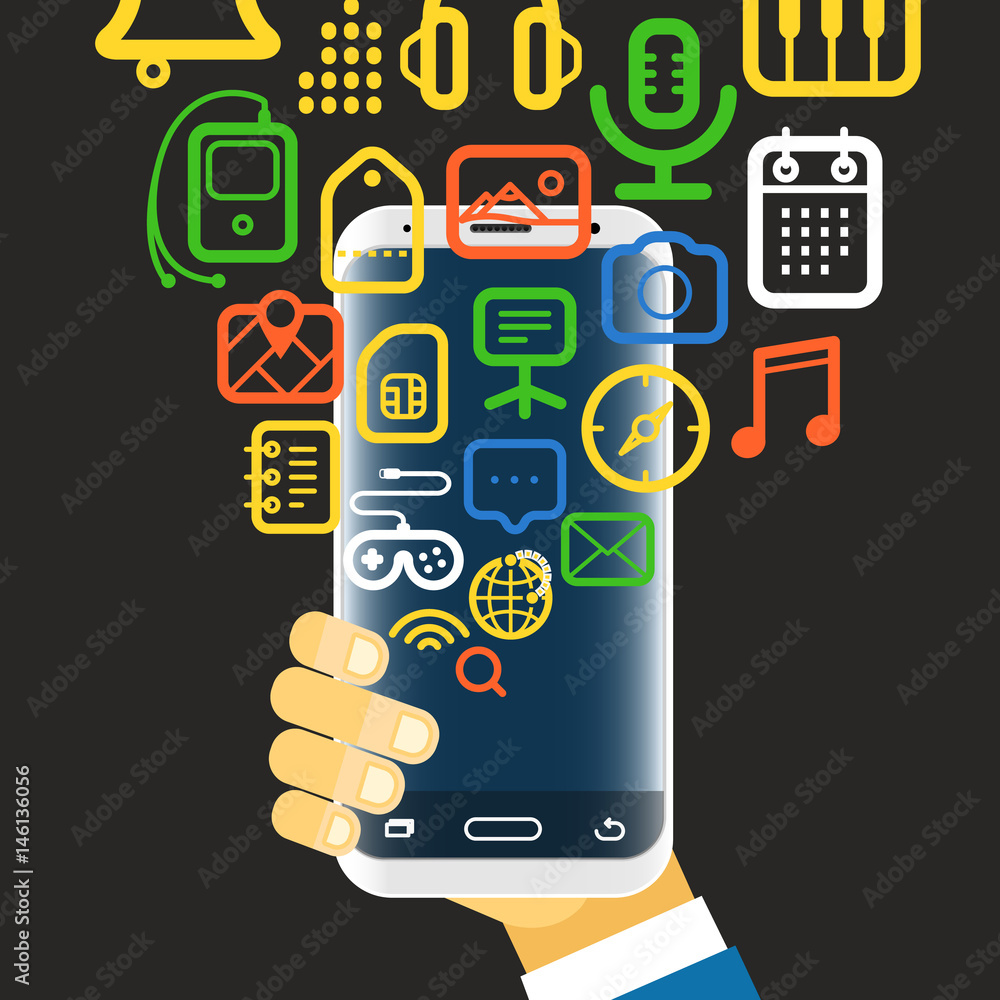 Aufkleber man holding modern smartphone with color app icons