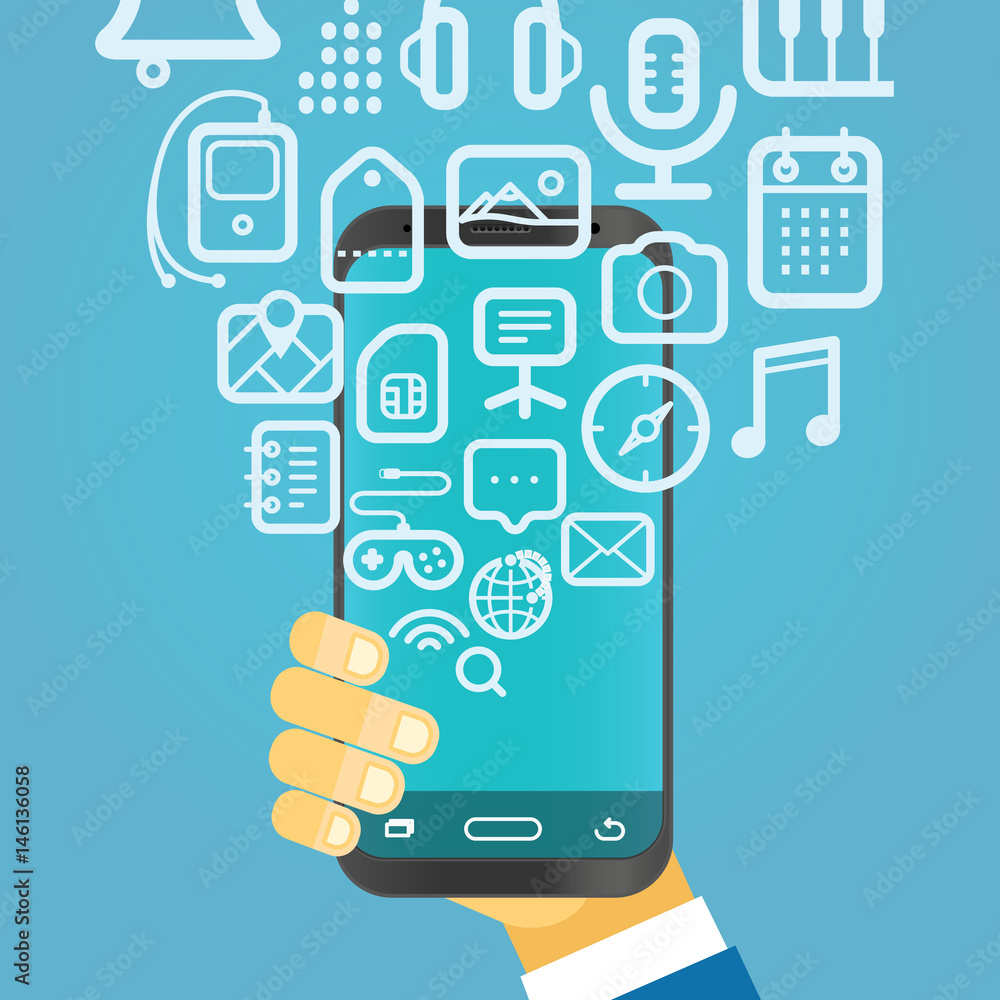 Poster different techno icons flows into the modern gadget. man holding modern smartphone