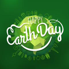 Happy Earth Day concept. Vector logo with the smile. Smiling Earth illustration on blur background