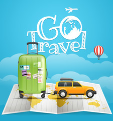 Vacation travelling concept. Car with baggage. Go travel illustration