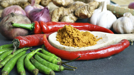 Asian cuisine ingredients - red pepper  garlic  shallots  green pepper and turmeric powder on blur bacground
