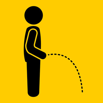 Vector symbol - man is urinating. Stream of urine drops from height on the ground. Simple isolated black icon on yellow field