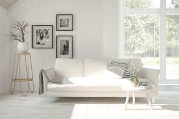 White room with sofa and green landscape in window. Scandinavian interior design. 3D illustration