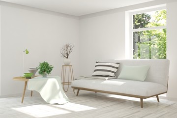 White room with sofa and green landscape in window. Scandinavian interior design. 3D illustration