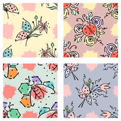 Fototapeta na wymiar Vector seamless floral pattern with butterfly flowers, leaves, decorative elements, splash, blots, drop Hand drawn contour lines and strokes Doodle sketch style, graphic vector drawing illustration