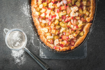 Bakery. Ready freshly baked homemade pie with rhubarb and sugar. Shortbread. Rustic style. On a stone black table. Sugar powder for sprinkling. One piece on a plate.