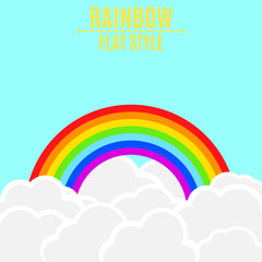 Rainbow with light clouds in the blue sky. Empty place for your projects. Vector illustration in a flat style. Children's wallpaper