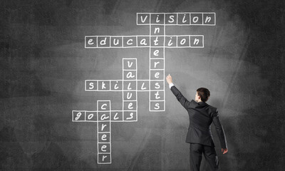 Seminar trainer draw on chalkboard