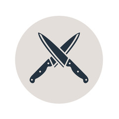 Icono plano cuchillos cocina cruzados en circulo gris