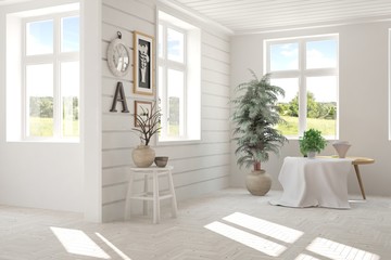 White empty room with green landscape in window. Scandinavian interior design. 3D illustration