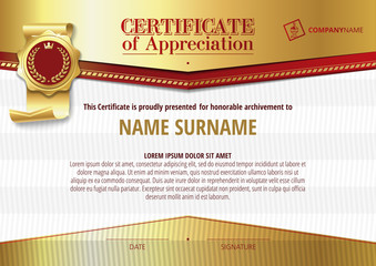 Template of Certificate of Appreciation with golden badge and elements, horizontal