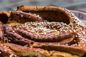 Big cinnamon bun, twist, roll at swedish street food market