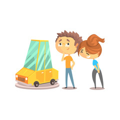 Couple buying car together. Colorful character vector Illustration