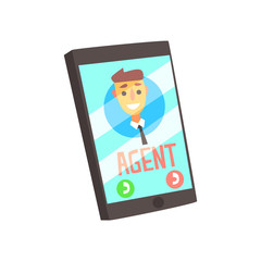 Smartphone with agent male avatar on the screen. Colorful cartoon vector Illustration