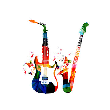 Music instruments background. Colorful saxophone and guitar isolated vector illustration