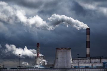 Factory fumes in the environment. Russia. Saint Petersburg, spring 2017.