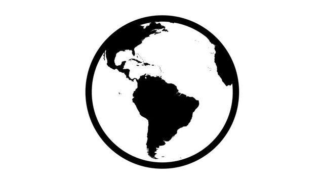 Globe Icon 360. Earth rotating 360 degrees. Highly detailed world texture. Seamless Loop. Black and white.