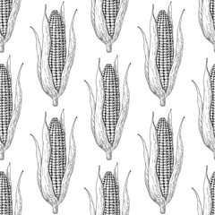 Corn cob hand drawn vector seamless pattern. Isolated Vegetable engraved style wallpaper.