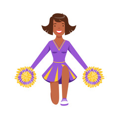 Smiling girl teenager dancing with colorful pompoms. Colorful cartoon character vector Illustration
