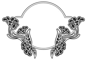 Black and white round frame with floral silhouettes. Vector clip art