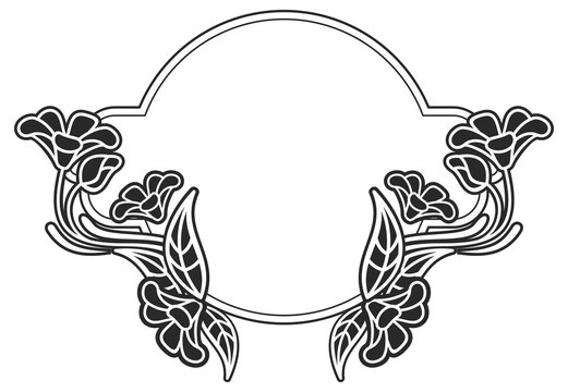 Black and white round frame with floral silhouettes. Vector clip art