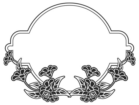 Black and white round frame with floral silhouettes. Vector clip art
