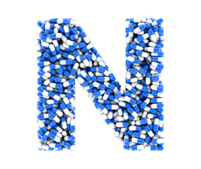 Letter N, alphabet of medicine pills. 3D render.
