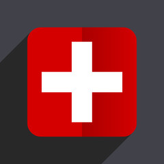 Obraz premium Plus flat design white and red vector web icon on gray background with shadow in eps10.