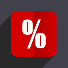 Percent flat design white and red vector web icon on gray background with shadow in eps10.