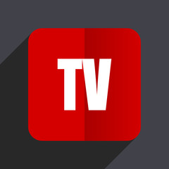 Tv flat design white and red vector web icon on gray background with shadow in eps10.