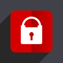 Padlock flat design white and red vector web icon on gray background with shadow in eps10.
