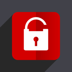 Padlock flat design white and red vector web icon on gray background with shadow in eps10.