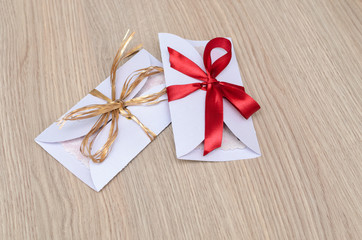 wedding invitation. service gift card on wooden background. Holiday celebration concept.