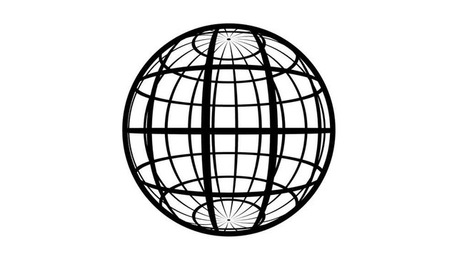 Globe Icon 360. Earth rotating 360 degrees. Parallels and Meridians. Stereographic Projection. Seamless Loop. Black and white.