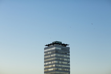 Office buildings in cityscape with a sky blue